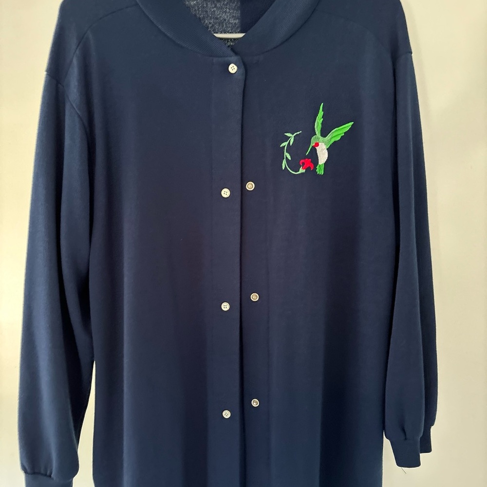 RARE VTG ORVIS Women's Large Navy Knit Button Front Sweater Dress Hummingbird m